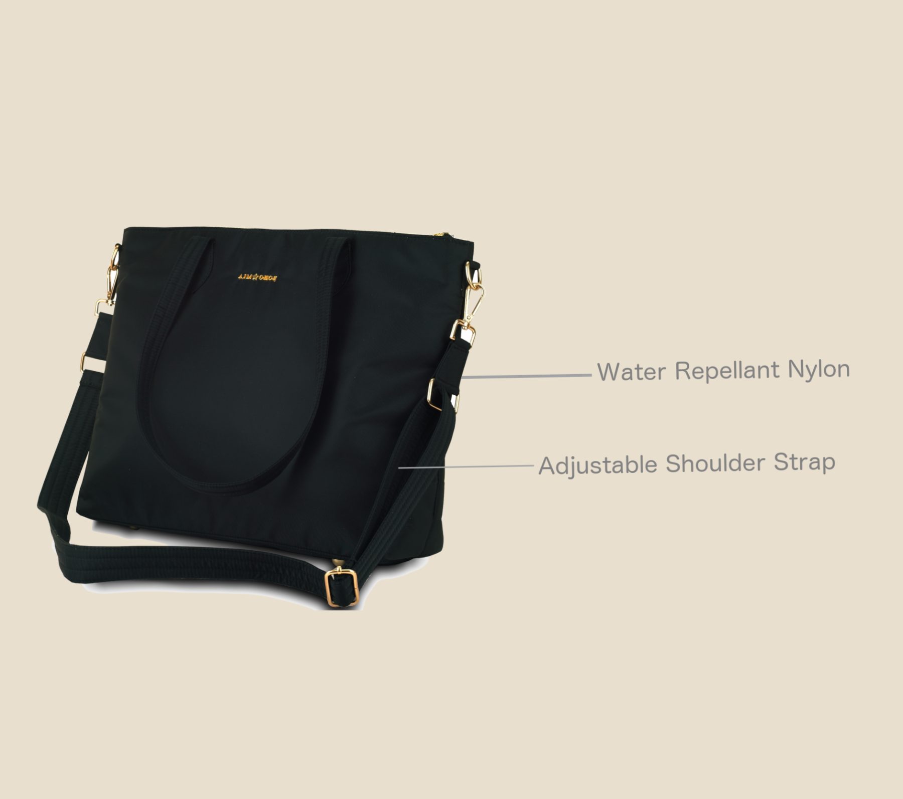 Black handbag with water repellent nylon and adjustable shoulder strap on a beige background