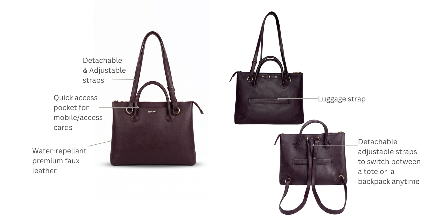 Bohomia Metropolitan Totepack (Dark Cherry) - 3 Way Carry Work Tote with Laptop Compartment + 8 Pockets