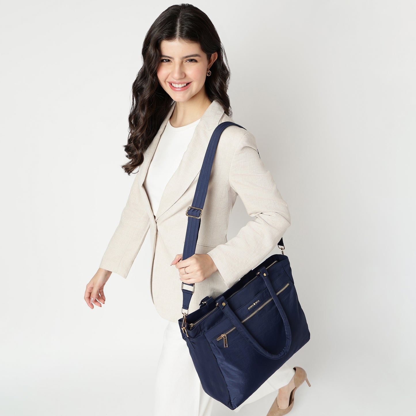 Wanderer Midi Work Bag (Navy Blue) - Versatile Everyday Work Tote with Laptop Compartment & Pockets
