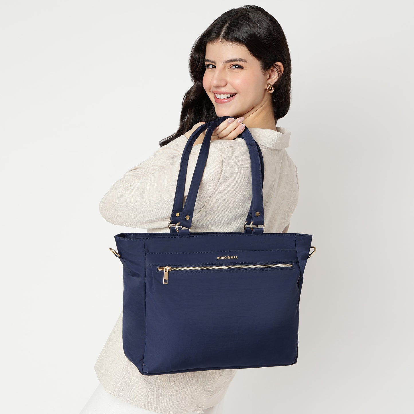 Wanderer Midi Work Bag (Navy Blue) - Versatile Everyday Work Tote with Laptop Compartment & Pockets